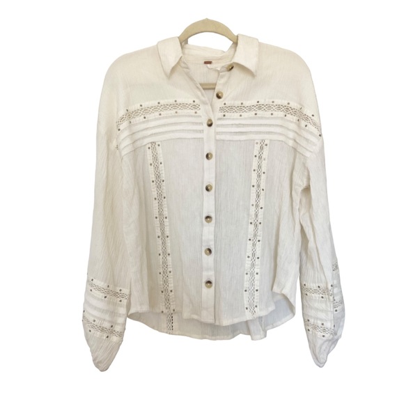 Free People Summer Stars White Cream Button Down Long Billowy Sleeve Size Medium - Picture 2 of 11